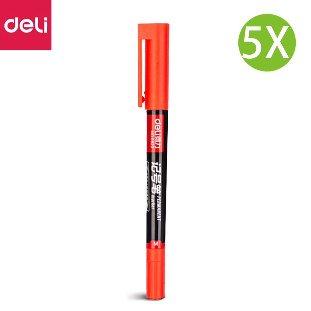 5X deli Double-headed Oil-based Marker Pen Red (5 pcs) [6823紅]