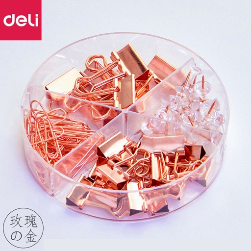 [Packaging91] 得力 長尾夾票夾 水松釘 玫瑰金色 (混合套裝) [78553]