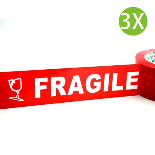 [PackagingA27x3] 3X 特长 (6cm x 100m) FRAGILE英文警示封箱胶带 包装封口 快递打包 封箱胶带 封箱胶纸 [红底白字]